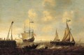 Smallships, a threemaster and a pink on a river by a jetty in a stiff breeze, a town in the distance - Jacob Adriaensz. Bellevois
