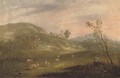 A shepherd and his flock on a hillside with cottages in the distance - John Maler Collier