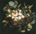 A swag of fruit hanging from a nail against a grey wall - Jan van Kessel