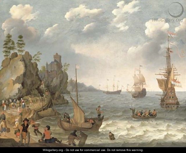 A coastal landscape with shipping and fishermen selling their catch - Isaac Willaerts