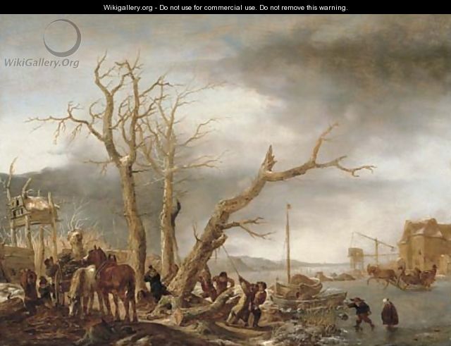 A frozen river landscape with woodsmen felling a tree - Isaack Jansz. van Ostade