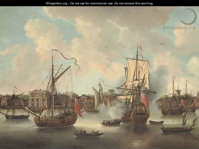 A flagship arriving in the Thames off Greenwich Hospital amidst anchored craft and other shipping on the river - Isaac Sailmaker