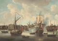 A flagship arriving in the Thames off Greenwich Hospital amidst anchored craft and other shipping on the river - Isaac Sailmaker
