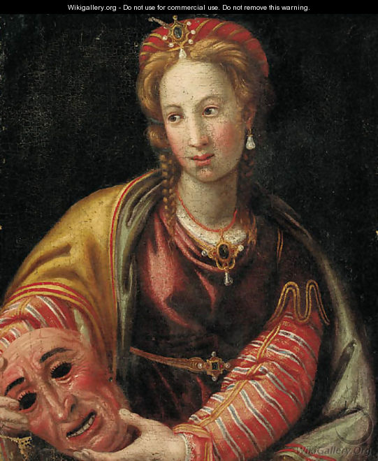 Portrait of a lady, half-length, holding a mask - Italian School
