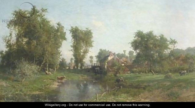 Summer landscape with cows grazing by a watermill - Isidore Verheyden