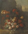 Tulips, roses, peonies, narcissus and other flowers and peaches on a ledge - Italian School