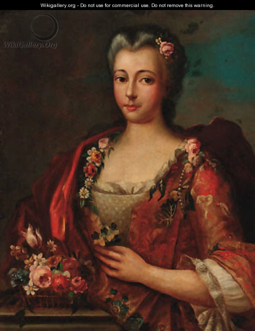 Portrait of a lady, half-length, in a red and grey dress decorated with flowers - Italian School