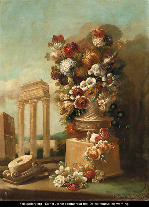Flowers in ornamental urns on stone plinths amongst classical ruins - Italian School