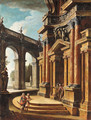 An imaginary courtyard with elegant figures promenading - Italian School