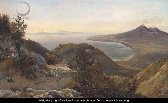 Shepherds and their sheep above the bay of Naples - Italian School