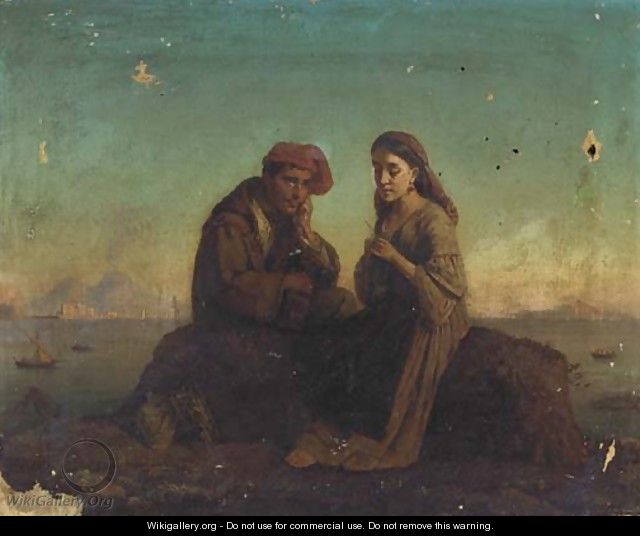 A young couple overlooking a harbour - Italian School