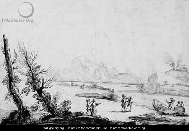 An extensive river landscape with promenading figures - Guercino