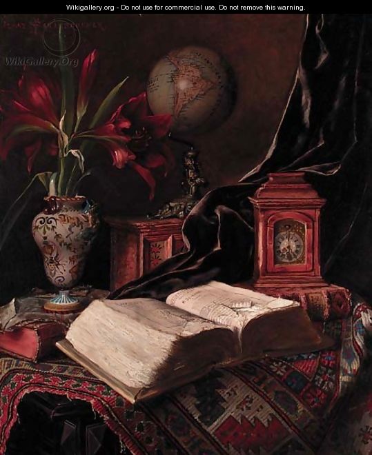 A globe, a vase of amaryllis, a book and a carriage clock on an oriental rug - Ignaz Schonbrunner