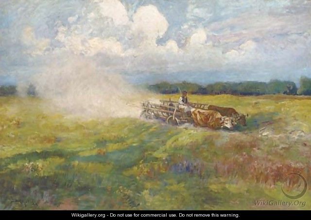 An oxen-drawn cart crossing a field in summer - Ignac Ujvary
