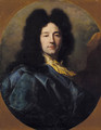 Portrait of the artist, bust-length, with a yellow cravat and a blue cloak, feigned oval - Hyacinthe Rigaud