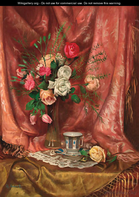 A vase of flowers and a cup and saucer on a draped table - Hungarian School