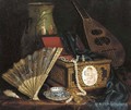 A Jewellery Box, A Fan, An Oriental Vase ,A Mandolin And A Cup And Saucer On A Table - Hungarian School