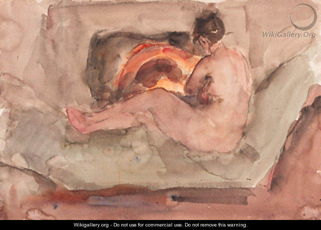 A reclining nude in front of a fire-place - Isaac Israels
