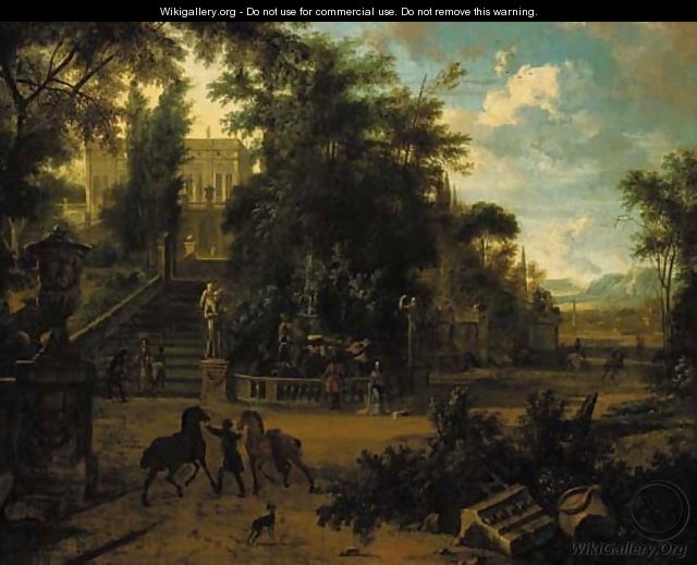 The gardens of a renaissance palace with elegant company, horses and grooms - Isaac de Moucheron