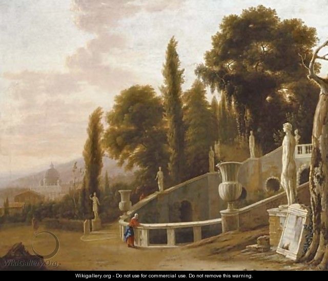 Figures by a fountain with a view of Saint Peter