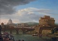 A view of the Tiber, Rome, with the Castel Sant'Angelo and St. Peter's beyond - Isaac de Moucheron