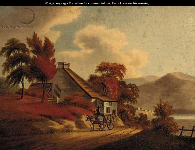 A figure riding a horse and trap outside a cottage, a mountainous lake landscape beyond; and Another similar - Irish School