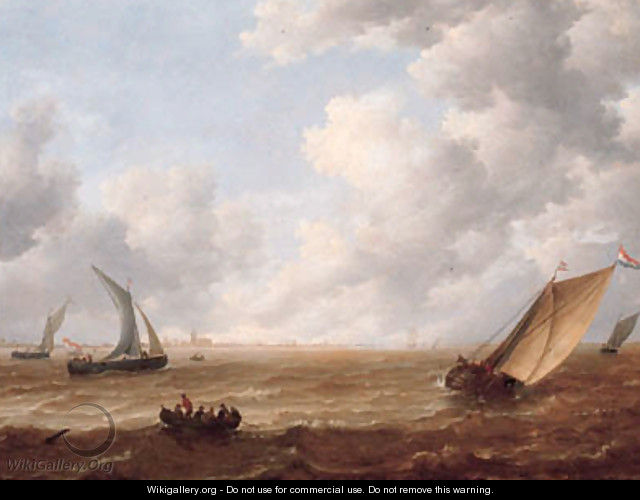 A wijdschip tacking offshore in a stiff breeze with a smalschip and sailors in a rowing boat nearby, on a cloudy day - Hieronymus Van Diest