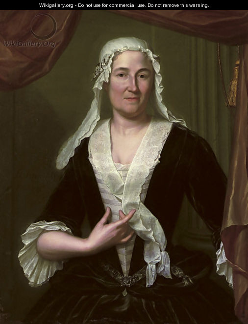 Portrait of a lady, half-length, in a dark green velvet dress and white chemise, wearing a white headdress - Heroman Van Der Mijn