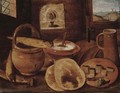 A poor man's meal a loaf of bread, porridge, buns and a herring on a wooden table - Hieronymus Francken