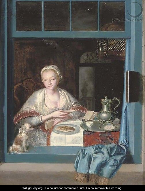 A lady sitting at a table with a dog at an open window - Heroman Van Der Mijn
