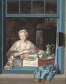 A lady sitting at a table with a dog at an open window - Heroman Van Der Mijn