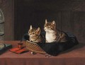 Two kittens in a basket watching a bird in a cage - Horatio Henry Couldery