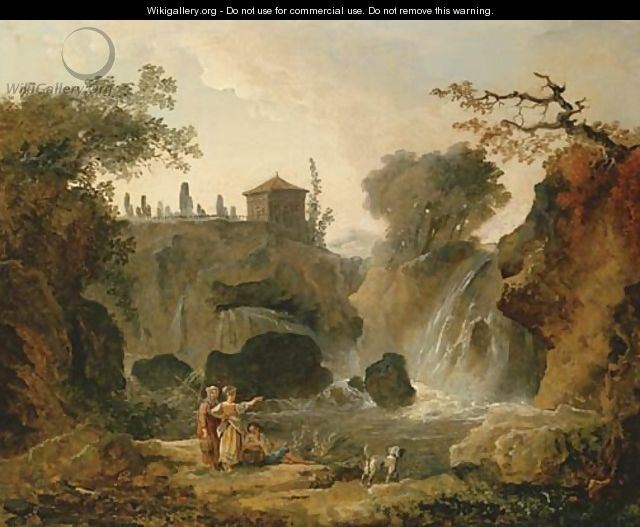 The waterfall at Tivoli with figures resting by the pool - Hubert Robert