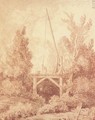 Le seau d'eau A woman on a pontoon among trees lowering a bucket into a stream - Hubert Robert