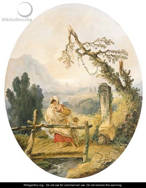 La Passerelle A woman and child on a bridge on the Via Appia - Hubert Robert