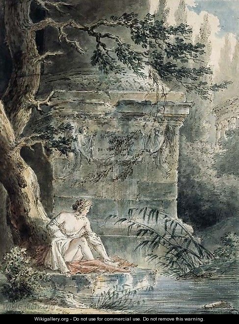 A young female Bather near a Column - Hubert Robert