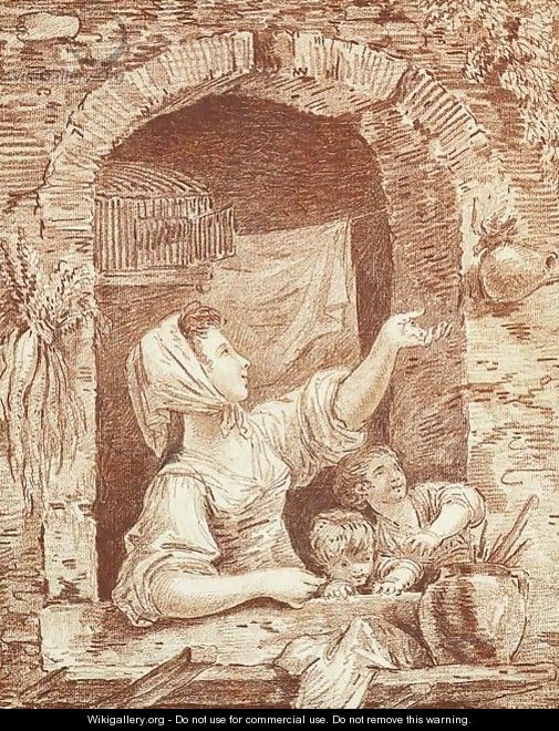 A Washerwoman and two Children coaxing a Bird back into its Cage - Hubert Robert