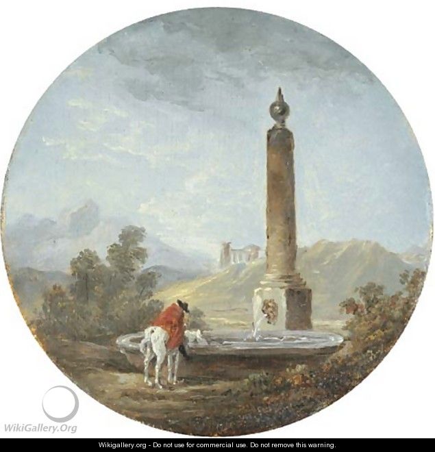 A landscape with a horseman pausing by a fountain - Hubert Robert