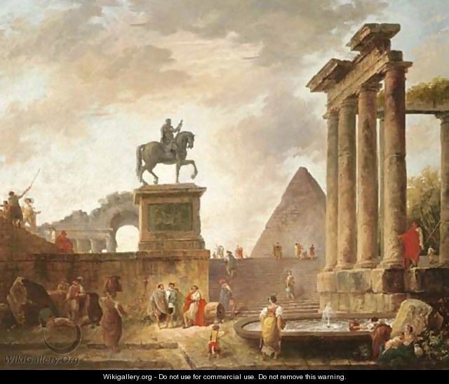 A capriccio with troubadours and washerwomen by a basin among Roman ruins, a pyramid beyond - Hubert Robert