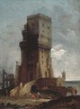 A capriccio of a tower with figures in the foreground, ruins and the sea beyond - Hubert Robert