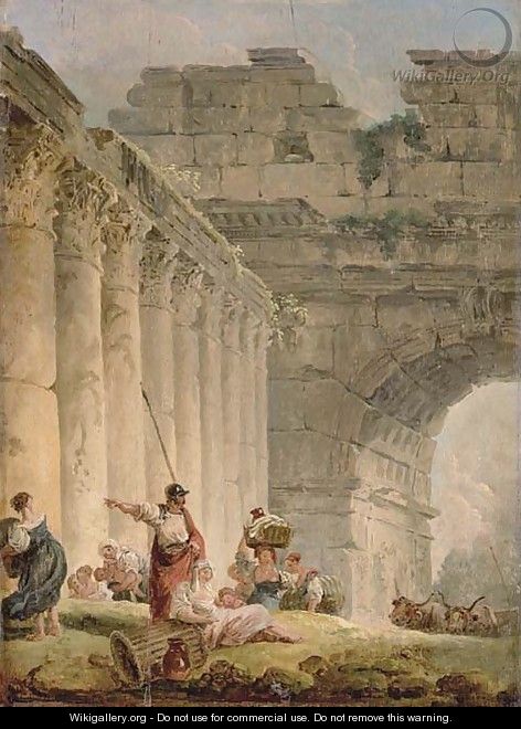A capriccio of a classical colonnade and a triumphal arch with a soldier and washerwomen on a bank - Hubert Robert