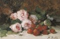 Strawberries and pink roses on a ledge - Hubert Bellis