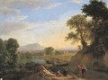 An Italianate river landscape with travellers conversing on a path and peasants fishing from a boat beyond - Herman Van Swanevelt