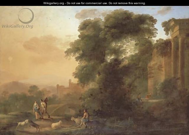 An Italianate landscape with a couple on a path by a river, a shepherd resting with his flock and men collecting water by classical ruins - Herman Van Swanevelt