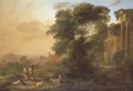 An Italianate landscape with a couple on a path by a river, a shepherd resting with his flock and men collecting water by classical ruins - Herman Van Swanevelt