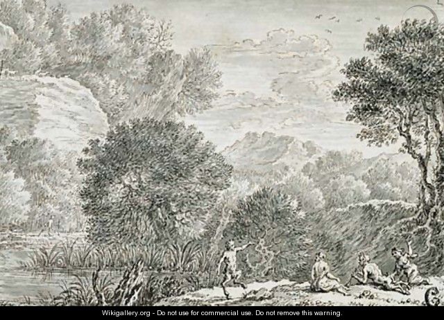 A rocky wooded landscape with satyrs - Herman Van Swanevelt