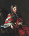 Portrait of a judge, seated three-quarter-length, in judicial robes, resting his arm on a table, a quill pen in his right hand - Herman van der Myn