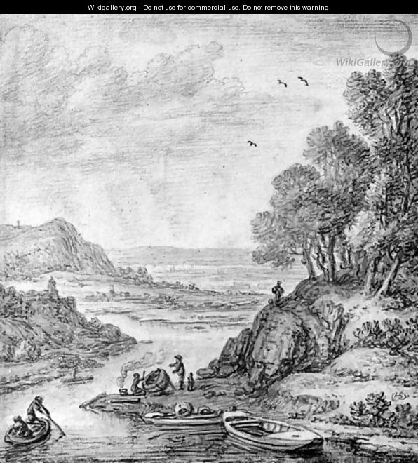 A Rhenish Landscape with Fishermen tarring a Boat, near Linz - Herman Saftleven
