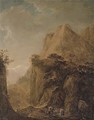 A rocky landscape with travellers on a path and peasants by a lake - Herman Saftleven
