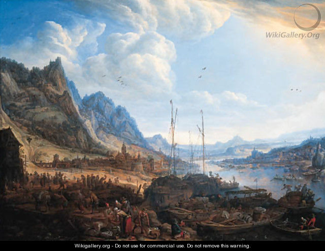 A Rhenish landscape with fishermen and peasants on a quayside, a town beyond - Herman Saftleven